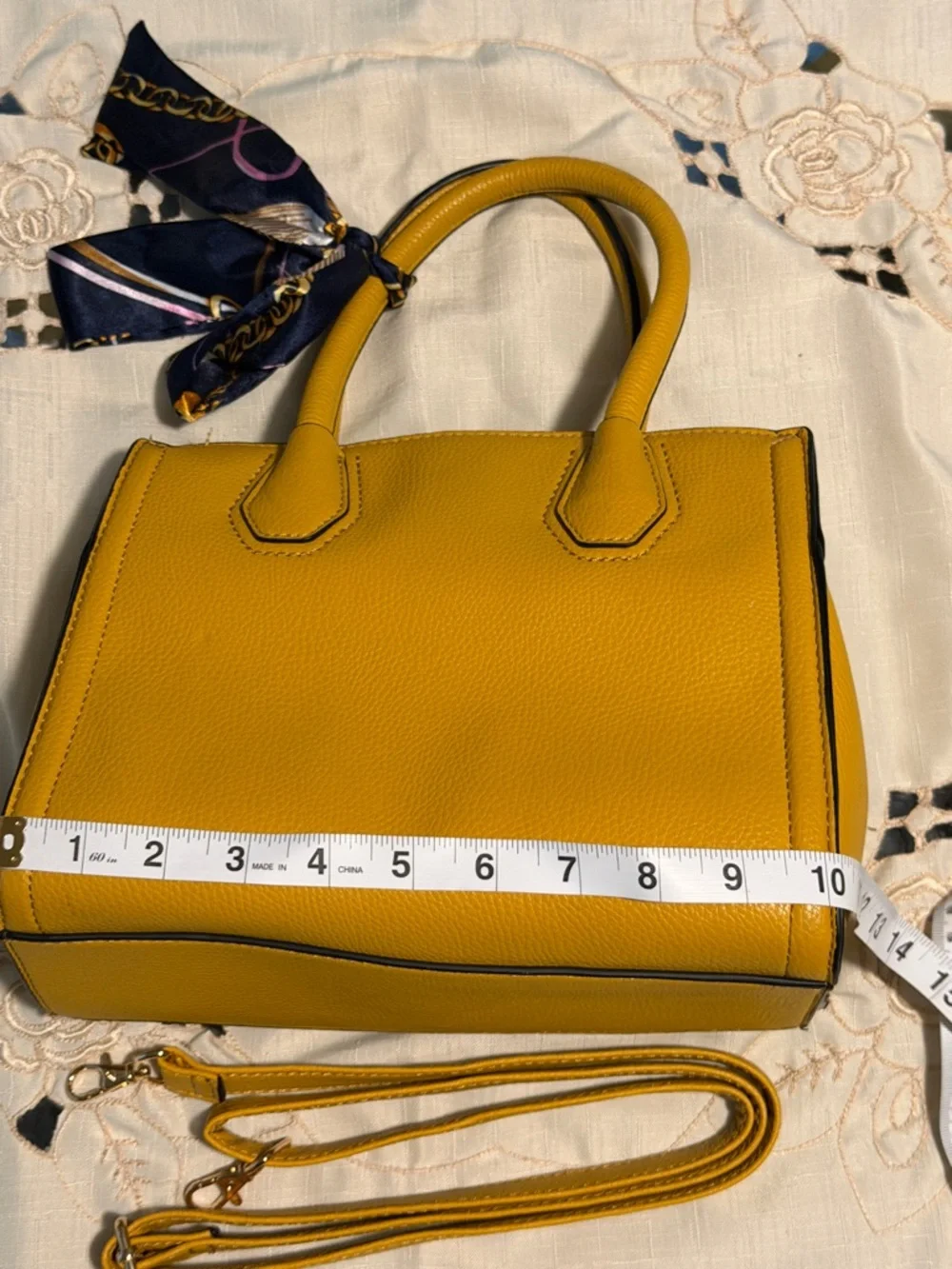 Aldo Yellow Pebbled Leather Top-Handle Satchel with Navy Scarf